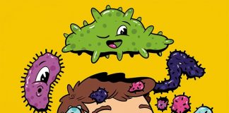 Phil Gulley: Belly Aching Illustration of a man playing with giant cartoon germs.